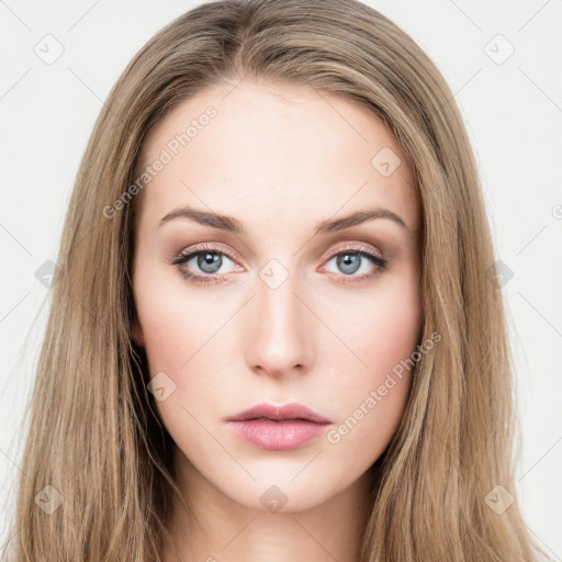 Neutral white young-adult female with long  brown hair and brown eyes