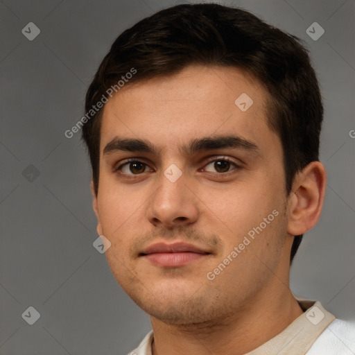 Neutral white young-adult male with short  brown hair and brown eyes