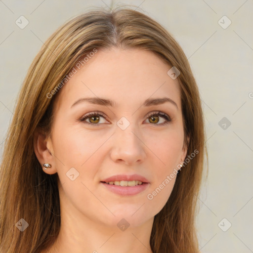 Joyful white young-adult female with long  brown hair and green eyes