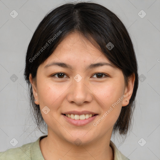 Joyful white young-adult female with medium  brown hair and brown eyes