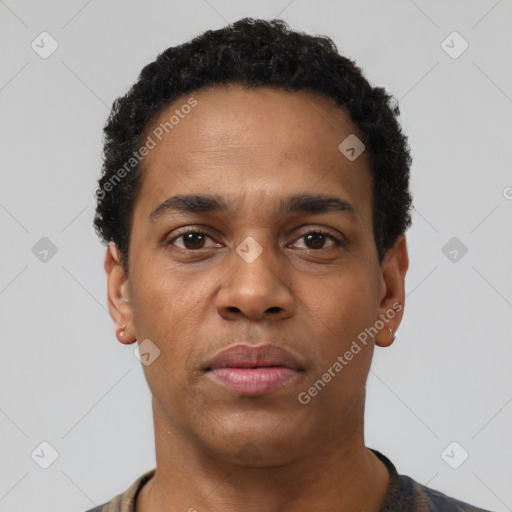 Neutral black young-adult male with short  black hair and brown eyes