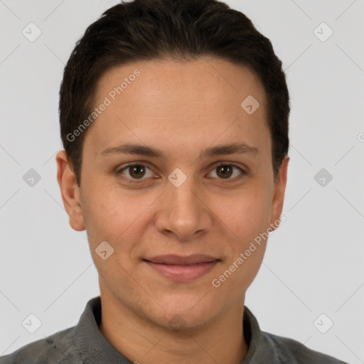 Joyful white young-adult female with short  brown hair and brown eyes