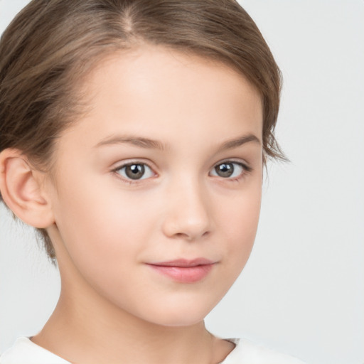 Joyful white child female with medium  brown hair and brown eyes