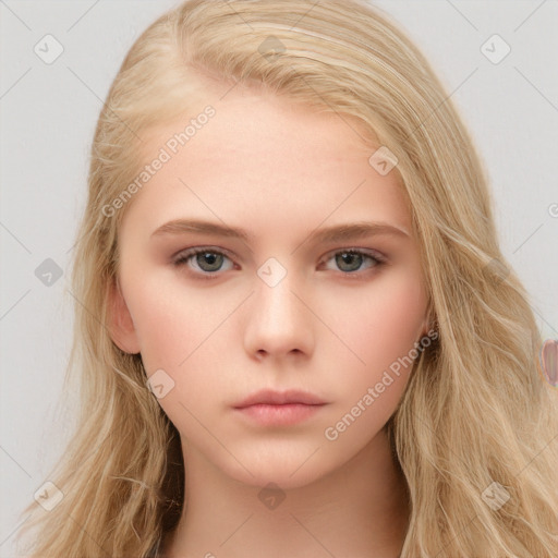 Neutral white young-adult female with long  brown hair and brown eyes