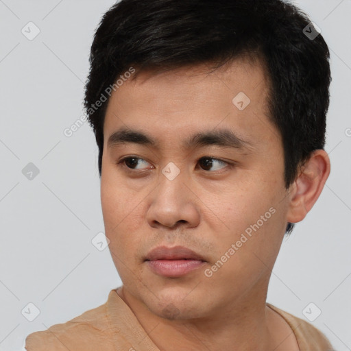 Neutral asian young-adult male with short  black hair and brown eyes