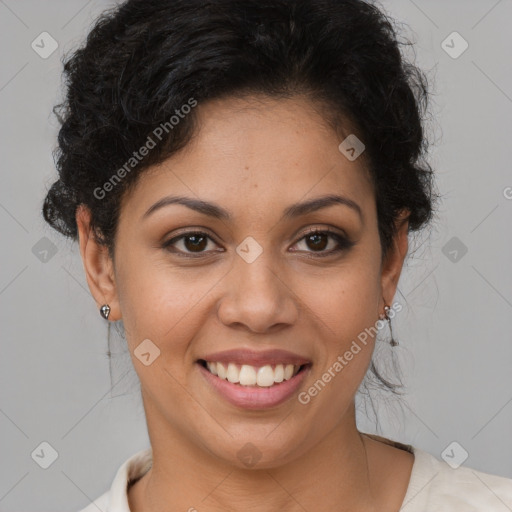 Joyful latino young-adult female with short  brown hair and brown eyes