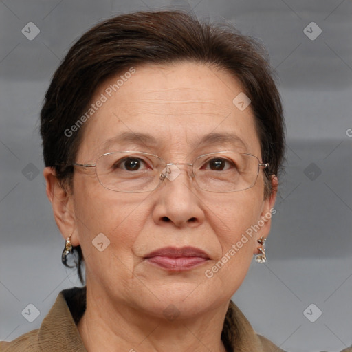 Joyful white middle-aged female with short  brown hair and brown eyes