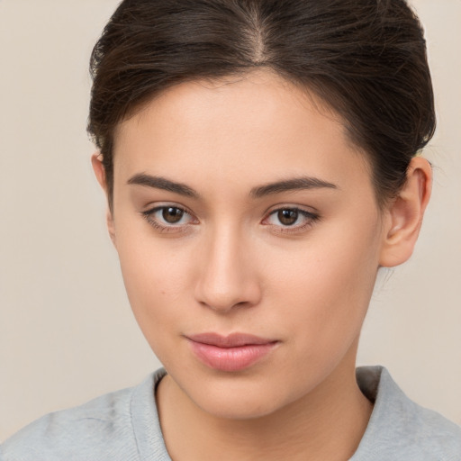 Neutral white young-adult female with short  brown hair and brown eyes