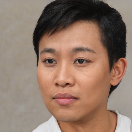Neutral asian young-adult male with short  black hair and brown eyes