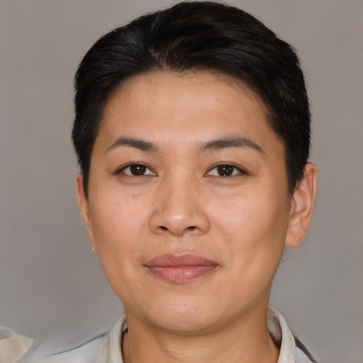 Joyful asian young-adult female with short  black hair and brown eyes