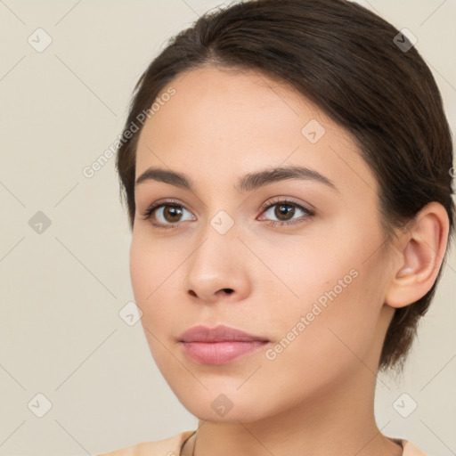 Neutral white young-adult female with medium  brown hair and brown eyes