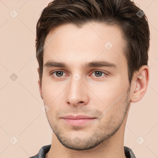 Neutral white young-adult male with short  brown hair and brown eyes