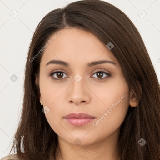 Neutral white young-adult female with long  brown hair and brown eyes