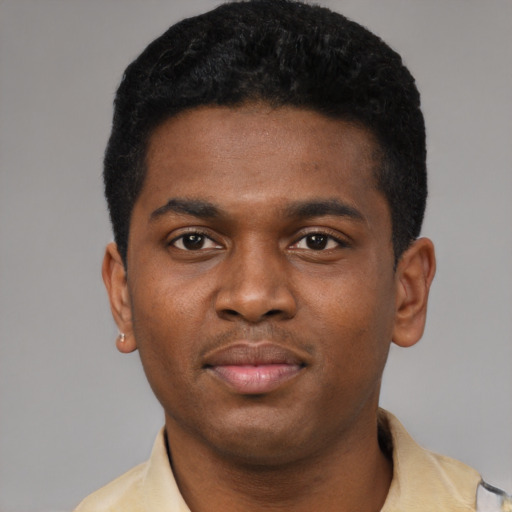 Neutral black young-adult male with short  black hair and brown eyes