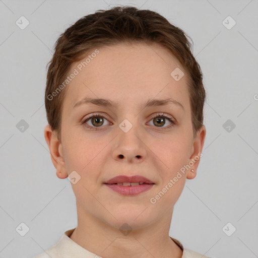 Joyful white young-adult female with short  brown hair and brown eyes