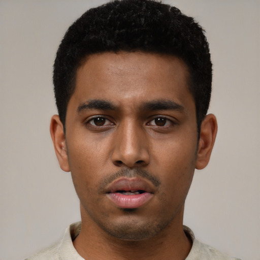 Neutral black young-adult male with short  black hair and brown eyes