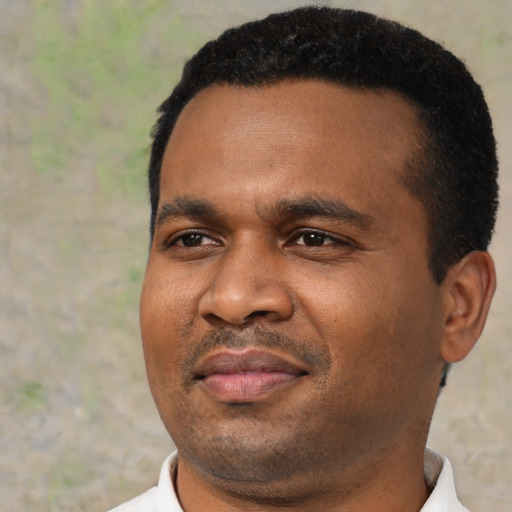 Joyful black young-adult male with short  black hair and brown eyes
