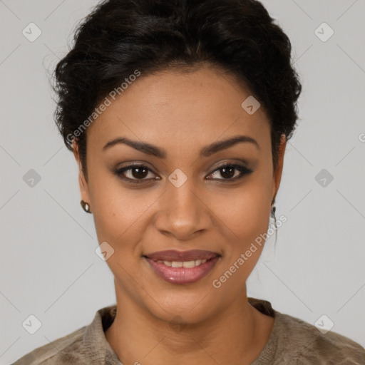 Joyful latino young-adult female with short  brown hair and brown eyes