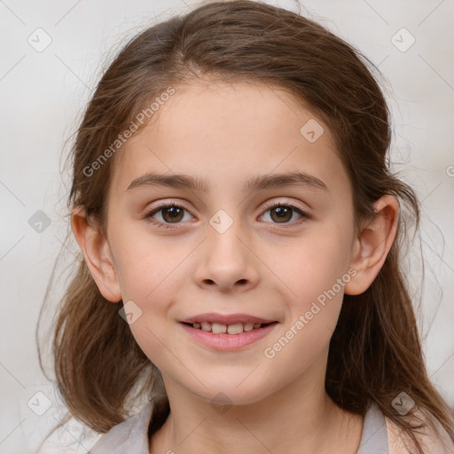 Joyful white child female with medium  brown hair and brown eyes