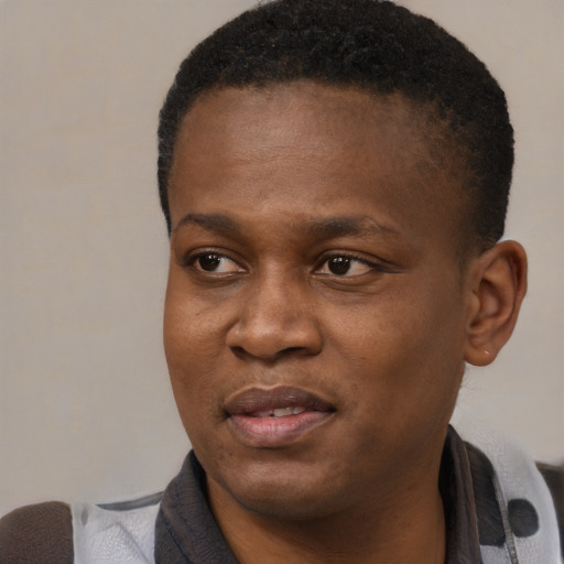 Joyful black young-adult male with short  black hair and brown eyes