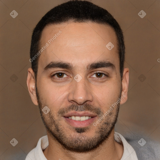 Joyful white young-adult male with short  brown hair and brown eyes