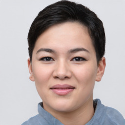 Joyful asian young-adult female with short  black hair and brown eyes