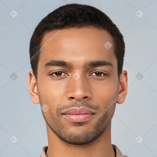 Neutral latino young-adult male with short  brown hair and brown eyes