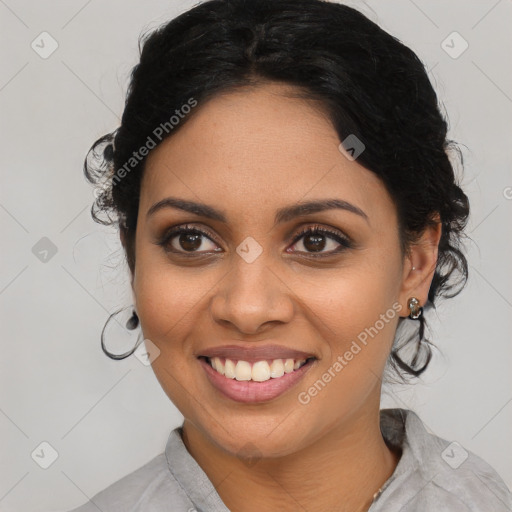 Joyful latino young-adult female with medium  black hair and brown eyes