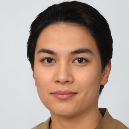 Neutral asian young-adult female with short  black hair and brown eyes