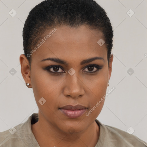 Neutral black young-adult female with short  brown hair and brown eyes