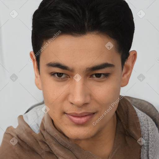 Joyful latino young-adult male with short  brown hair and brown eyes