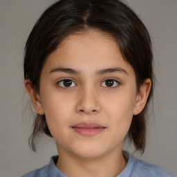 Joyful white child female with medium  brown hair and brown eyes