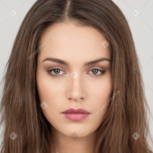 Neutral white young-adult female with long  brown hair and brown eyes