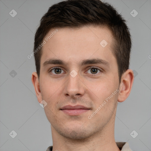 Neutral white young-adult male with short  brown hair and brown eyes