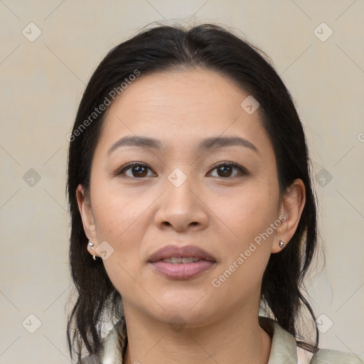 Joyful white young-adult female with medium  brown hair and brown eyes