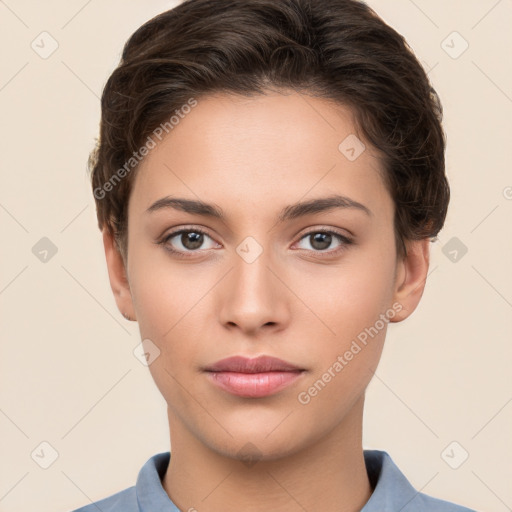 Neutral white young-adult female with short  brown hair and brown eyes