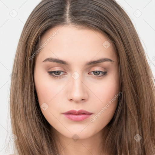 Neutral white young-adult female with long  brown hair and brown eyes