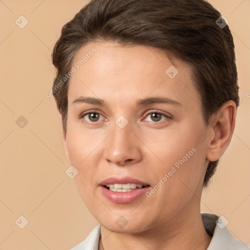 Joyful white young-adult female with short  brown hair and brown eyes