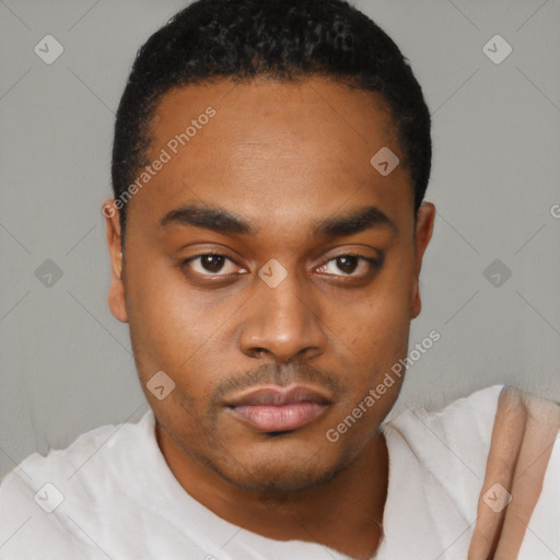Neutral black young-adult male with short  black hair and brown eyes