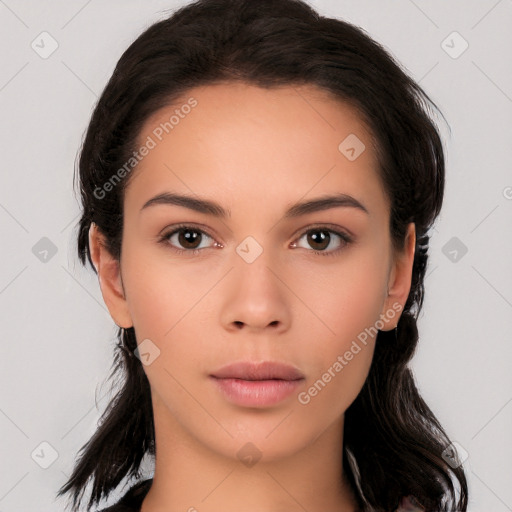 Neutral white young-adult female with medium  brown hair and brown eyes