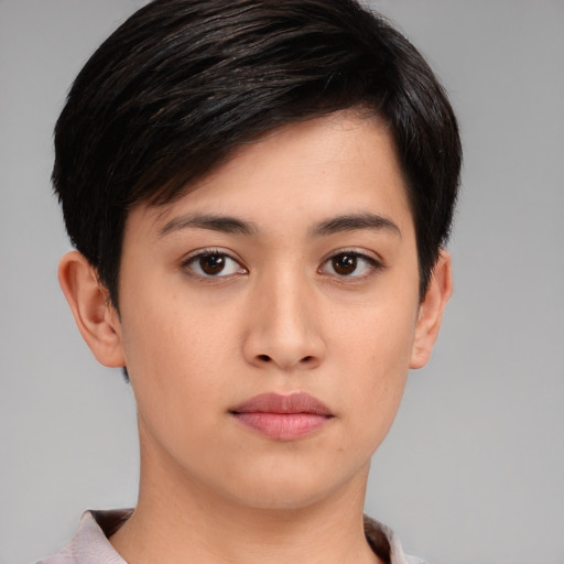 Neutral asian young-adult female with short  brown hair and brown eyes
