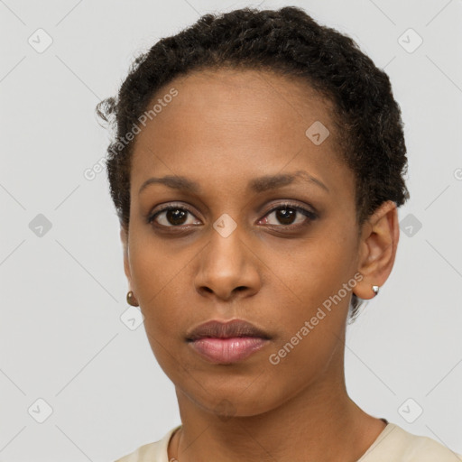 Neutral black young-adult female with short  brown hair and brown eyes