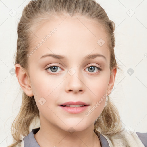 Joyful white child female with medium  brown hair and blue eyes