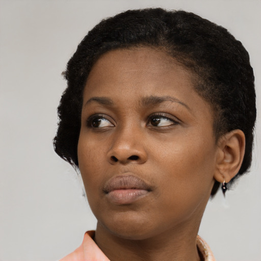 Neutral black young-adult female with short  black hair and brown eyes