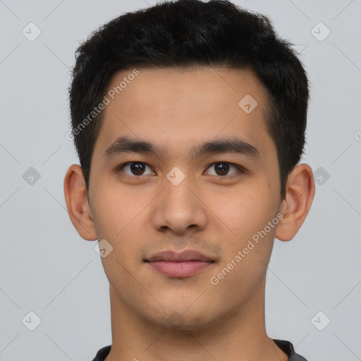 Neutral asian young-adult male with short  black hair and brown eyes