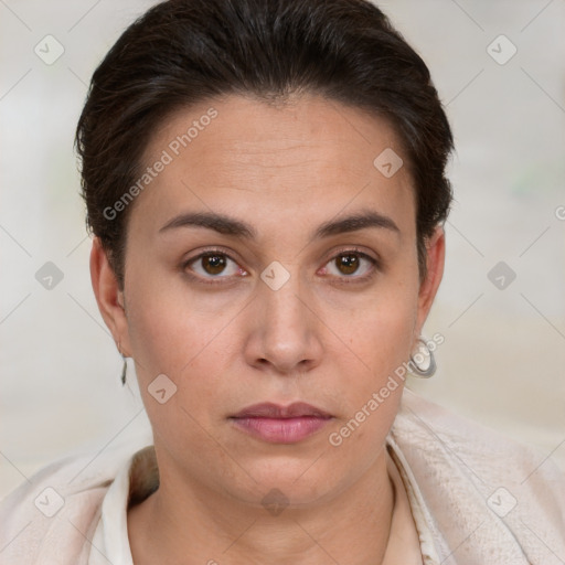 Neutral white young-adult female with short  brown hair and brown eyes