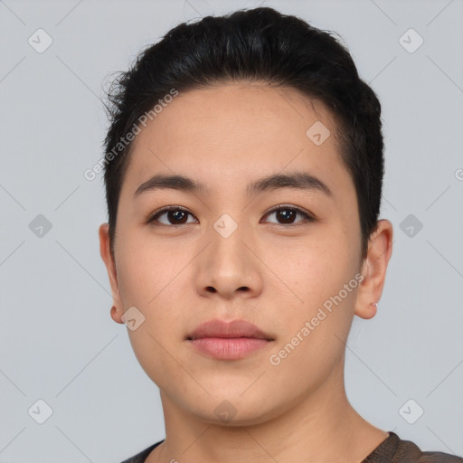 Neutral asian young-adult male with short  brown hair and brown eyes