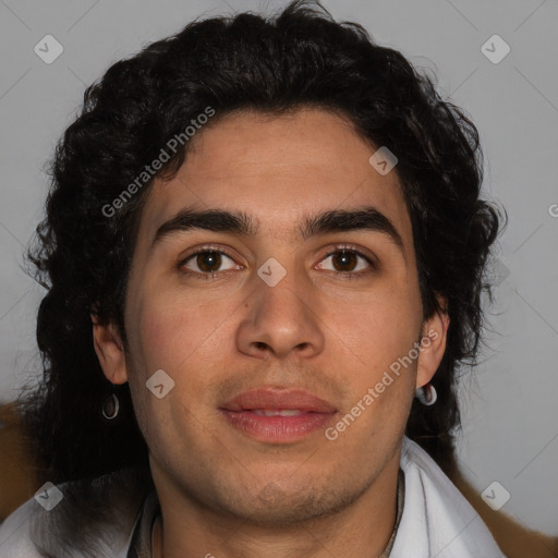 Joyful white young-adult male with medium  brown hair and brown eyes