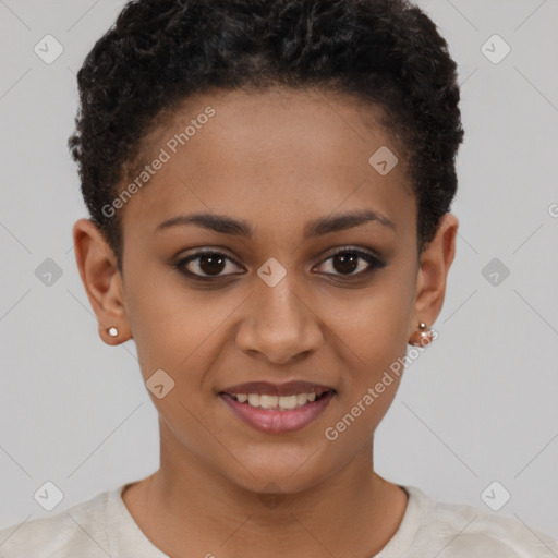 Joyful black young-adult female with short  brown hair and brown eyes