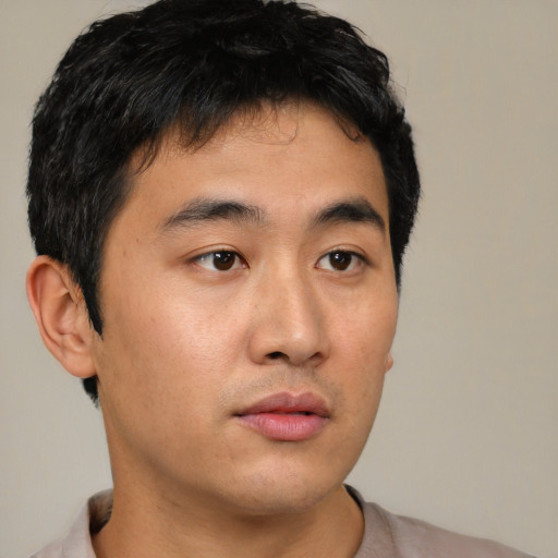 Neutral asian young-adult male with short  black hair and brown eyes